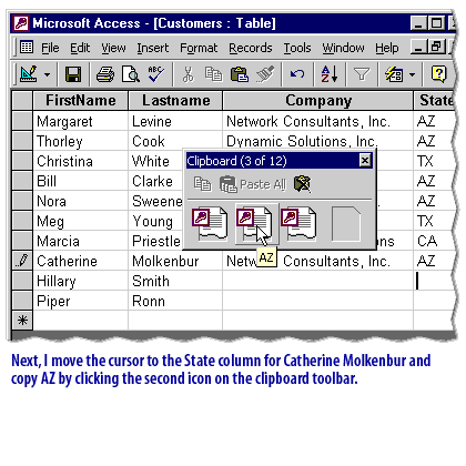 6) Next I move the cursor to the State column for Catherine Molkenbur and copy AZ by clicking the second icon on the clipboard toolbar.