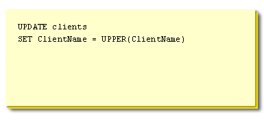 UPPER converts a string to upper-case. This function is especially useful when you do not know the case of the text.  The statement above updates every row in the ClientName columns of the clients table. It takes the current value in the ClientName column for ever row, converts it to upper case, and writes it back to the table.