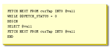 @@FETCH_STATUS returns the status of the last cursor fetch operation. The statement is used in conjunction with a cursor. The WHILE loop continues until there are no more records, and thereby causing the @@FETCH_STATUS function to return a value other than 0. Inside the loop, the value of @val1 is returned back to the calling program.