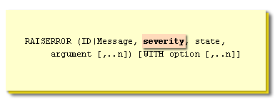 Severity is the level that defines the category of errors. Severity can be a value from 0 to 25. For user-defined error messages, the meaning of the severity is defined by the SQL programmer. However, all messages with a severity of 20-25 are considered to be fatal errors, which will terminate the SQL Server connection when they occur. A fatal error is one that is so critical to the batch or stored procedure that processing cannot continue. You must use with the WITH LOG option if you specify a severity between 19 and 25.