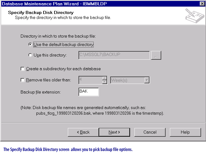 6)The Specify Backup Disk Directory screen allows you to pick backup file options.